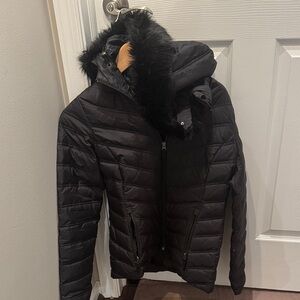 Eddie Bauer Women's Dark Puffer Coat with Faux Fur Trim